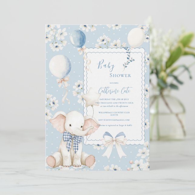 Convites Elefante Floral Azul com Balões Elegante Bebê (Em pé/Frente)