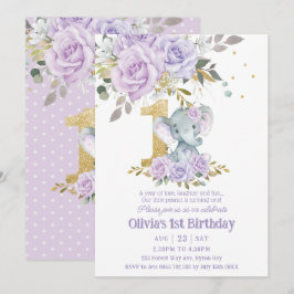 Convites Elefante Floral Purple Lilac Um primeiro aniversar