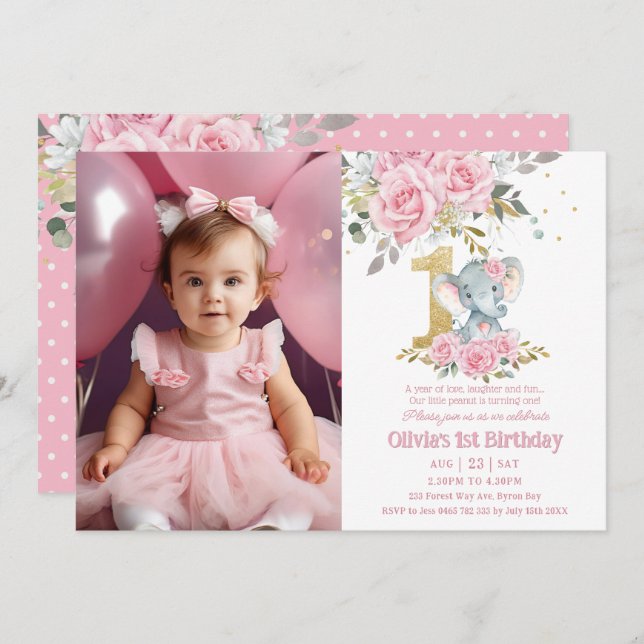 Convites Elefante Floral Rosa Bebê Foto de Um primeiro aniv (Frente/Verso)