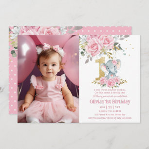 Convites Elefante Floral Rosa Bebê Foto de Um primeiro aniv
