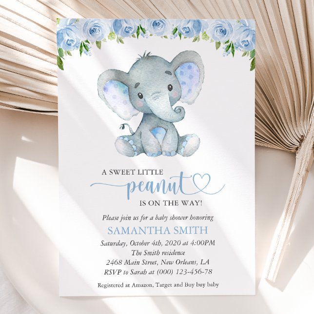 Convites Elefante, Flores de Aquarela Azul, Chá de Bebê (Criador carregado)