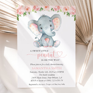 Convites Elefante, Flores De Aquarela Rosa, Chá de fraldas