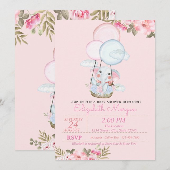 Convites Elefante Fofo, Balão de Ar Floral Chá de Bebê (Frente/Verso)