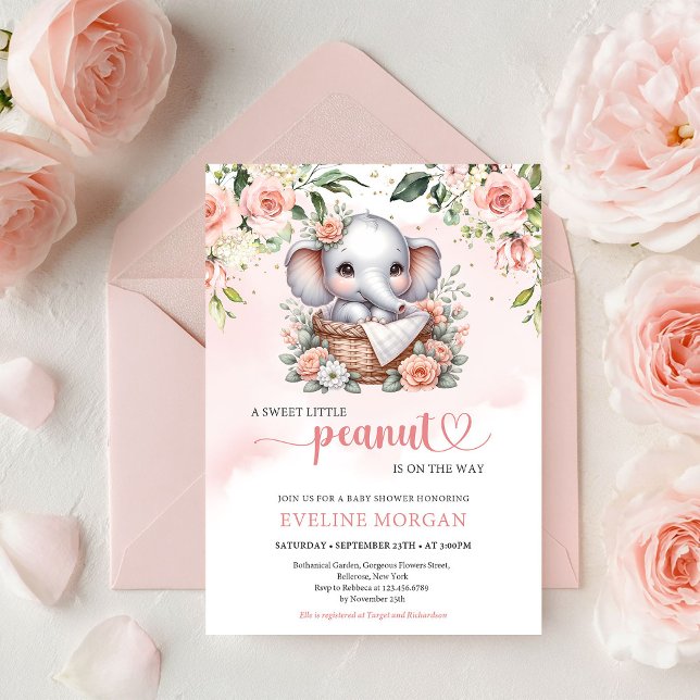 Convites Elefante fofo boho rosas cor-de-rosa menina amendo (Cute elephant boho blush roses little peanut girl invitation)