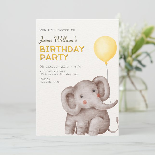 Convites Elefante Fofo e balão de aniversário (Em pé/Frente)