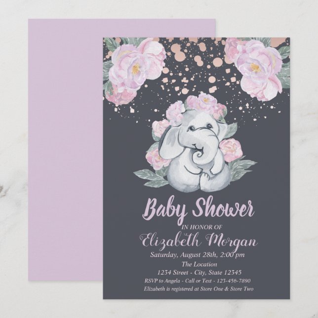 Convites Elefante Fofo, Flores Lilás Baby Shower (Frente/Verso)