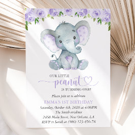 Convites Elefante Fofo, Flores Roxas, Primeiro Aniversário