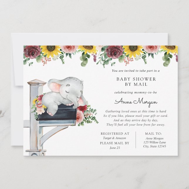 Convites Elefante Girassol e Rosas Chás de fraldas por Corr (Frente)