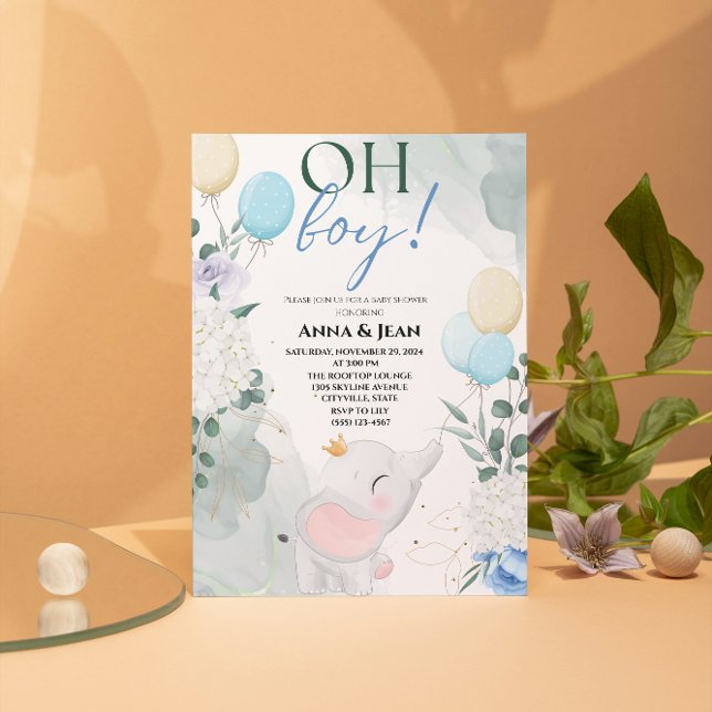 Convites Elefante giro - chá de fraldas de balão de aquarel (cute elephant Watercolor blue flower greenery balloon baby shower boy)