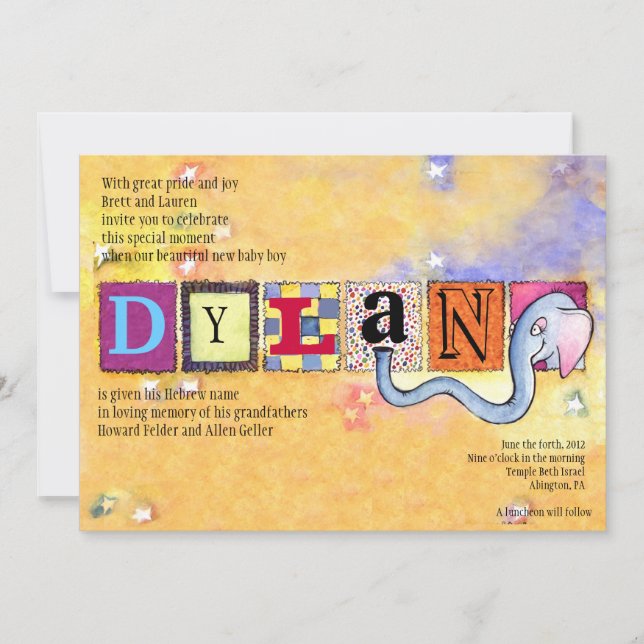 Convites Elefante Jewish Baby Naming Hebraico (Frente)