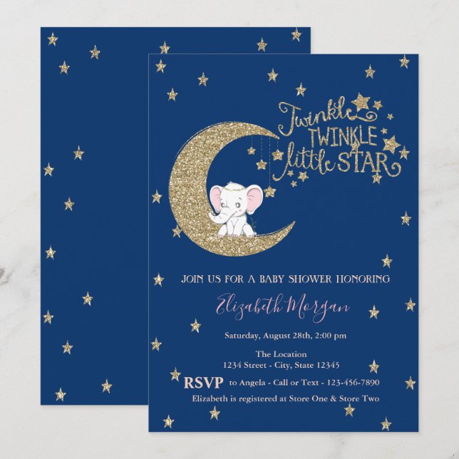 Convites Elefante, Lua, Estrela Chuva de Estrelas no Chá de (Frente/Verso)
