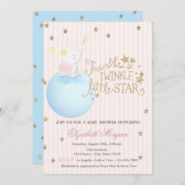 Convites Elefante,Lua,Estrelas Glitter Chá de fraldas Strik (Frente/Verso)