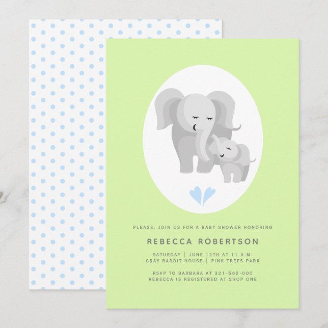 Convites Elefante-mãe e filho-da-cinza chá verde-claro (Frente/Verso)