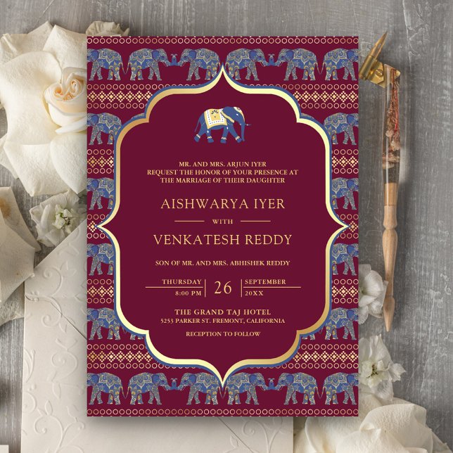 Convites Elefante Marinho de Burgundy em Um Casamento India (Criador carregado)