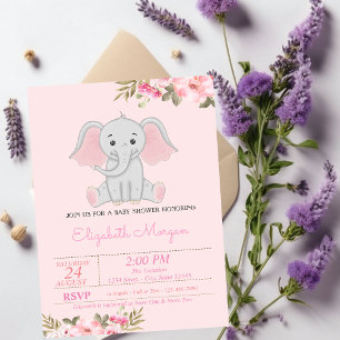 Convites Elefante Menina, Chá de Bebê Floral