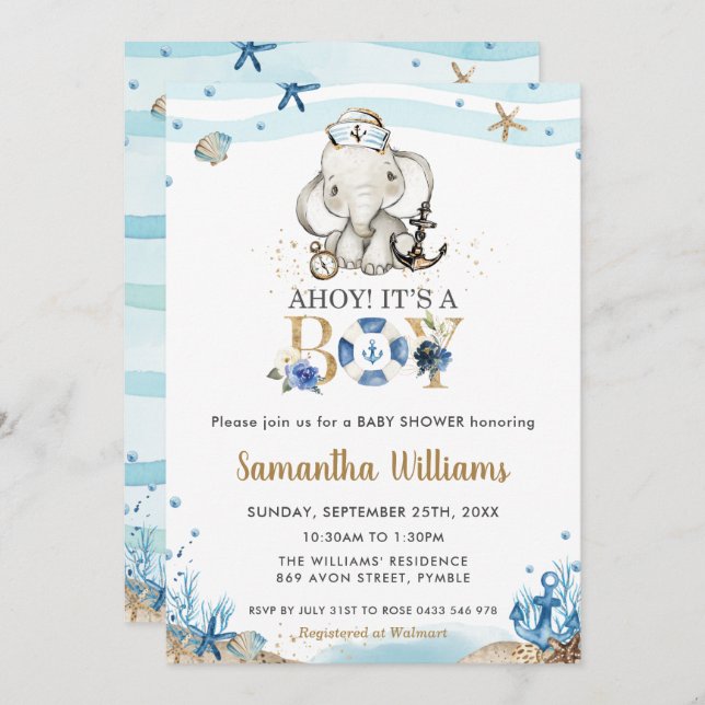 Convites Elefante Náutico Cinto Ahoy É um Chá de fraldas (Frente/Verso)