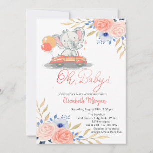 Convites Elefante no carro, balões Floral Baby Shower