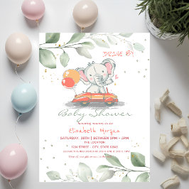 Convites Elefante no Carro Floral Drive By Chã de Bebê