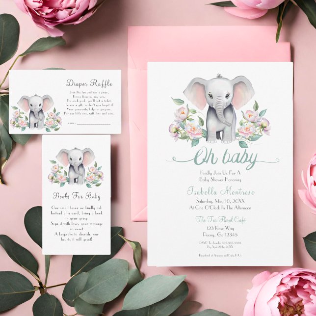 Convites Elefante Para Bebê Com Peonias, Chá de fraldas Euc (This charming invitation will delight your guests with a baby elephant surrounded by peonies.)