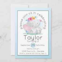 Convites Elefante para Bebê de Aquarela com Flores Aniversá