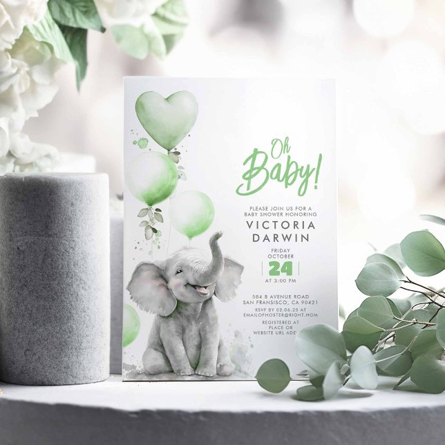 Convites Elefante para Bebês Chá de fraldas Cute Neutro (Elephant Baby Shower Invitations)