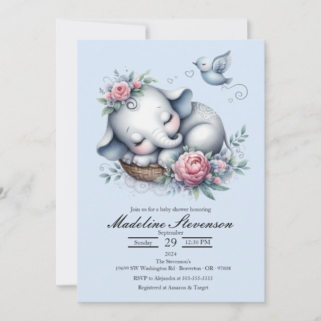 Convites Elefante Para Bebês Dormindo Chá de fraldas (Frente)