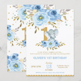 Convites Elefante primeiro aniversario Blue Floral Boy