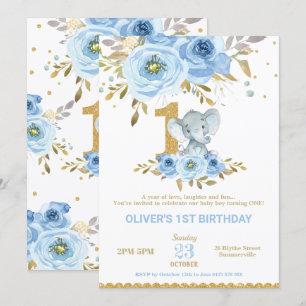 Convites Elefante primeiro aniversario Blue Floral Boy
