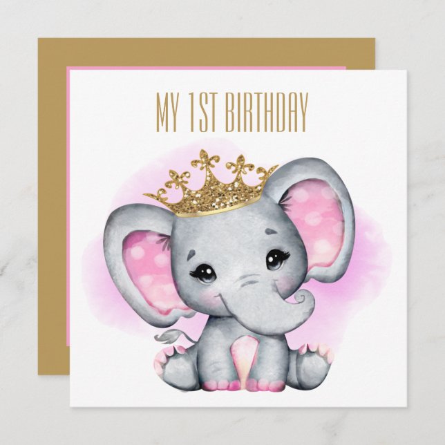 Convites elefante princesa do primeiro aniversário (Frente/Verso)