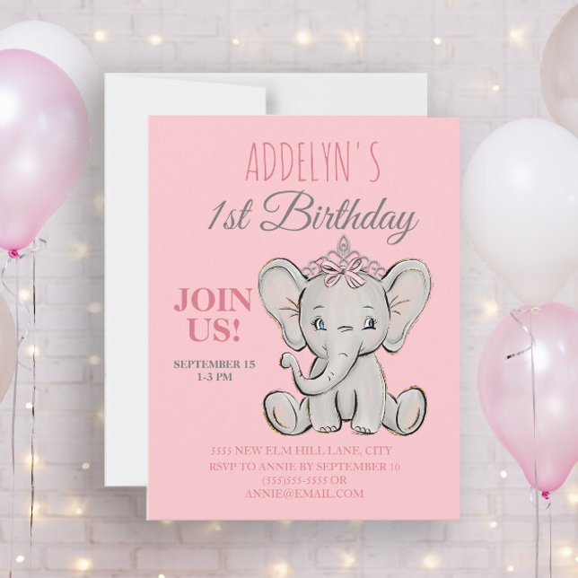 Convites Elefante Princesa Fofa Aniversário de 1 ano da Men (Criador carregado)