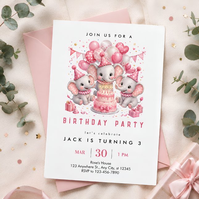Convites Elefante Rosa Aniversário de 3 anos (Criador carregado)