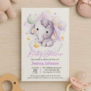 Convites Elefante Rosa Fofo Estrelas Aquarela