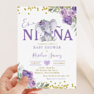Convites Elefante Roxo Espanhol Es Niñ um Chá de fraldas