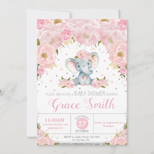 Convites Elefante Rubor Floral Chá de Bebê Brilho Prata (Frente)