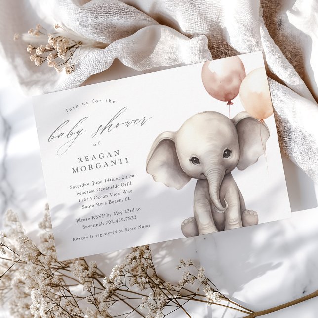 Convites Elefante Simples com Chá de fraldas Neutro de Balõ (Simple Gender Neutral Elephant Baby Shower Invitations.)