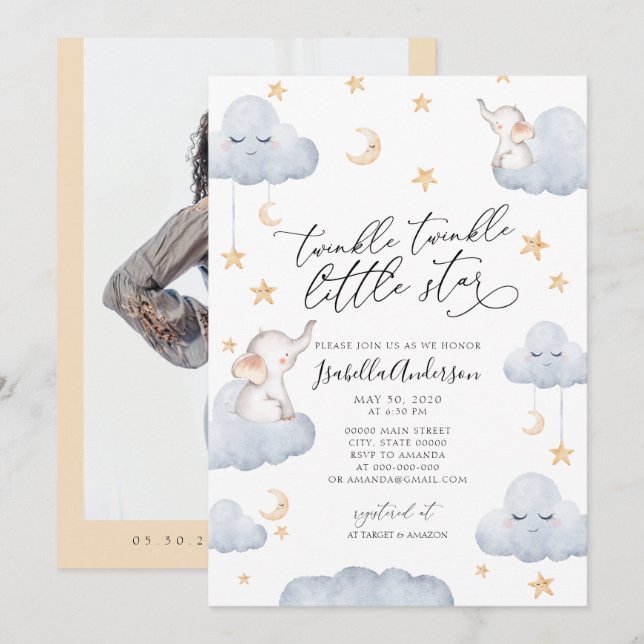 Convites Elefante Twinkle Pequeno Chá de fraldas Amarelo Es (Frente/Verso)