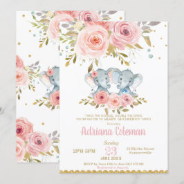 Convites Elefante Twins Chá de fraldas Floral Rosa