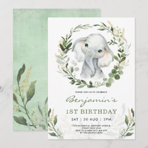 Convites Elefante Verde Moderno  primeiro aniversario verde