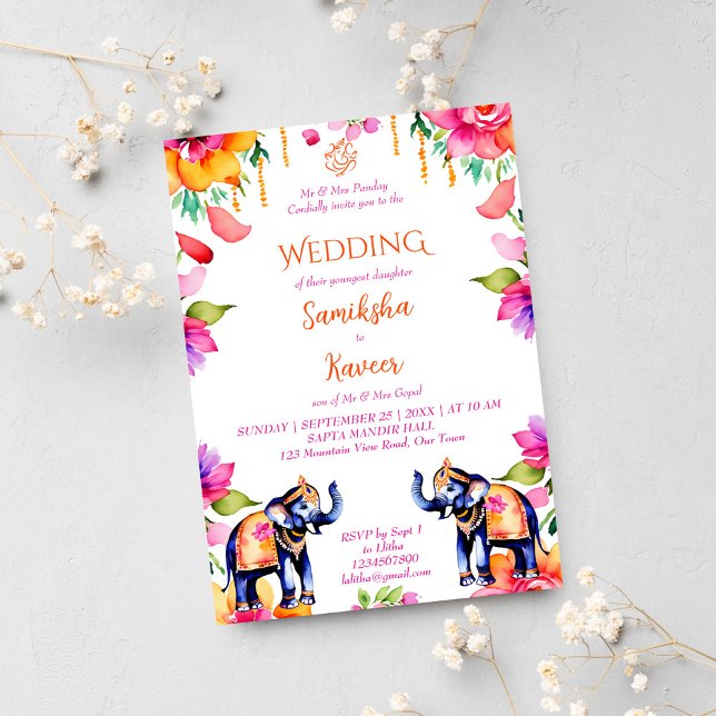 Convites Elefantes do casamento indiano cercam flores model (Indian wedding ornate elephants template invitation digital download cerise modern watercolor pretty)
