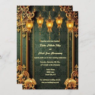 Convites Elefantes indianos de ouro verde lanternas florais