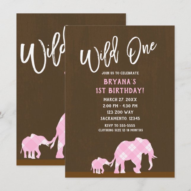 Convites Elefantes Rosa Marrom Moderno WILD ONE Aniversário (Frente/Verso)