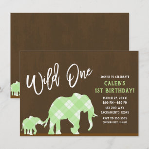Convites Elefantes Verdes Marrom Moderno WILD ONE Aniversár