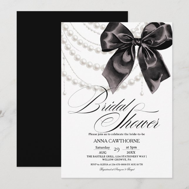 Convites  Elegance Black Bow Pearls Bridal Shower Acrylic (Frente/Verso)