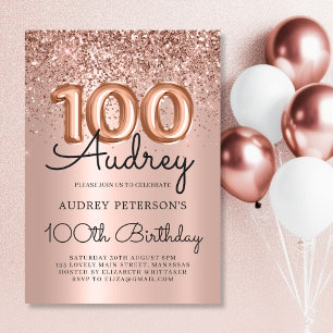 Convites Elegance Rosa Dourado Glitter Balloon 100º Anivers