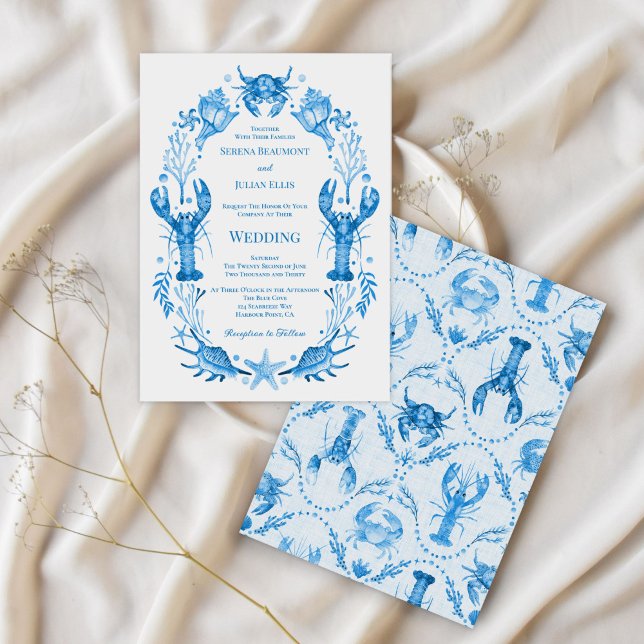 Convites Elegância à Beira-Mar Azul Aquarela Casamento Cost (Seaside Elegance Blue Watercolor Coastal Wedding Invitation)