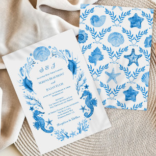 Convites Elegância à Beira-Mar Azul Casamento Aquarela Cost