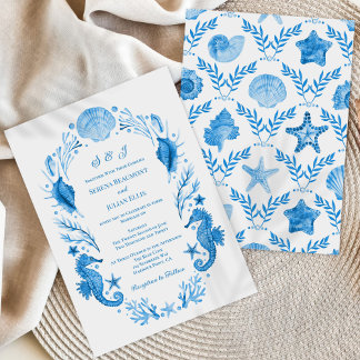 Convites Elegância à Beira-Mar Azul Casamento Aquarela Cost