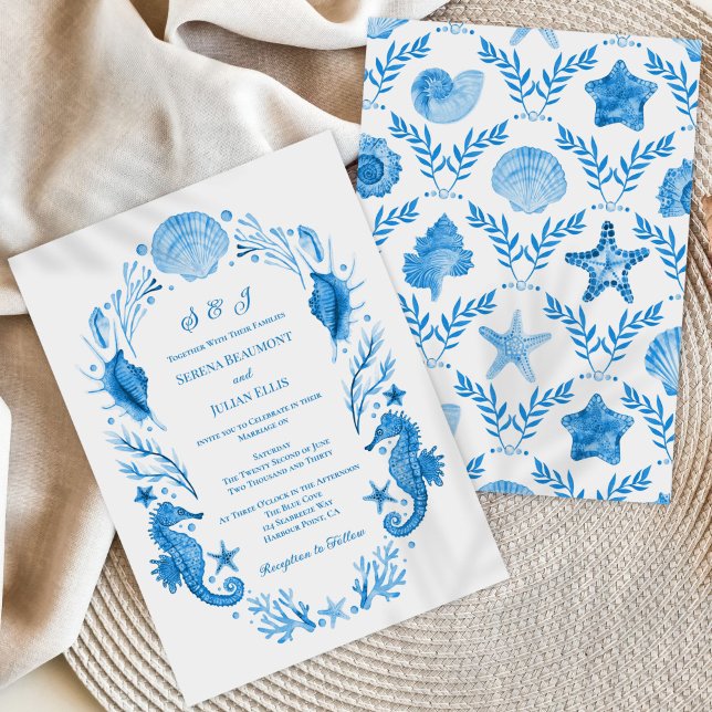 Convites Elegância à Beira-Mar Azul Casamento Aquarela Cost (Seaside Elegance Blue Coastal Watercolor Wedding Invitation)