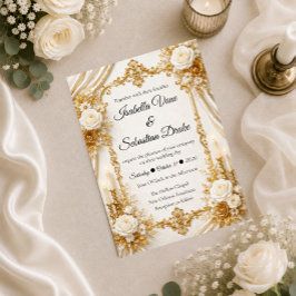 Convites Elegância Atemporal Dourada de Marfim Casamento
