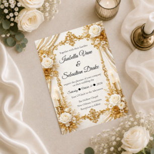 Convites Elegância Atemporal Dourada de Marfim Casamento